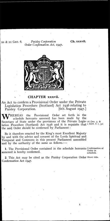 Paisley Corporation Order Confirmation Act 1947