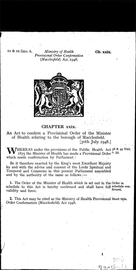 Ministry of Health Provisonal Order Confirmation (Macclesfield) Act 1948
