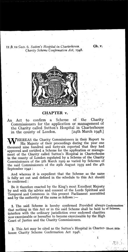 Sutton's Hospital in Charterhouse Charity Scheme Confirmation Act 1948