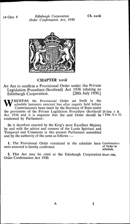 Edinburgh Corporation Order Confirmation Act 1950