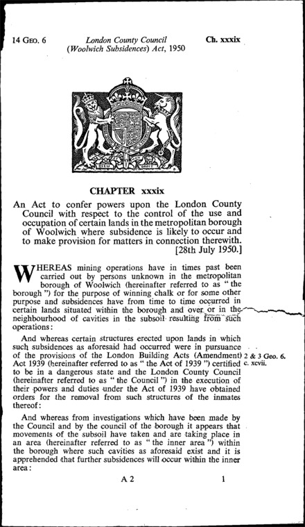 London County Council (Woolwich Subsidences) Act 1950
