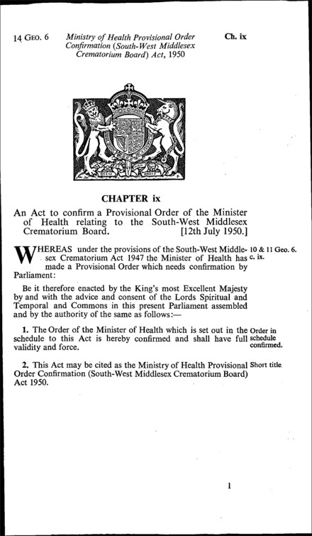 Ministry of Health Provisional Order Confirmation (South-West Middlesex Crematorium Board) Act 1950