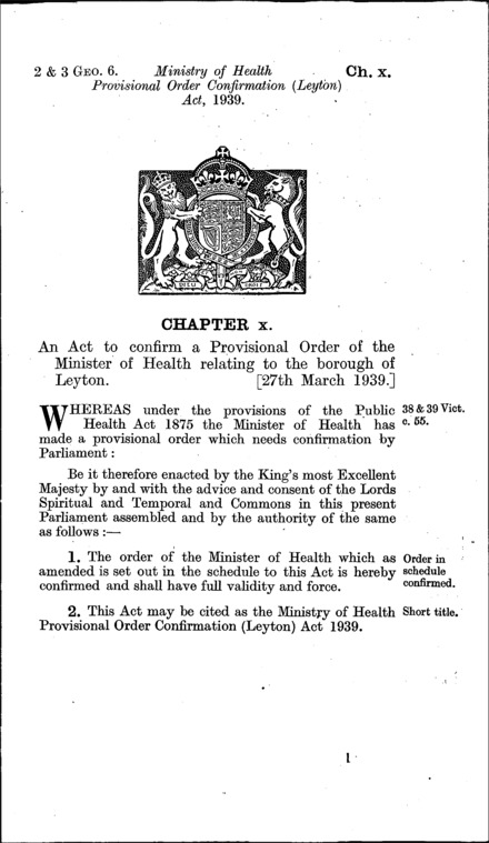 Ministry of Health Provisional Order Confirmation (Leyton) Act 1939