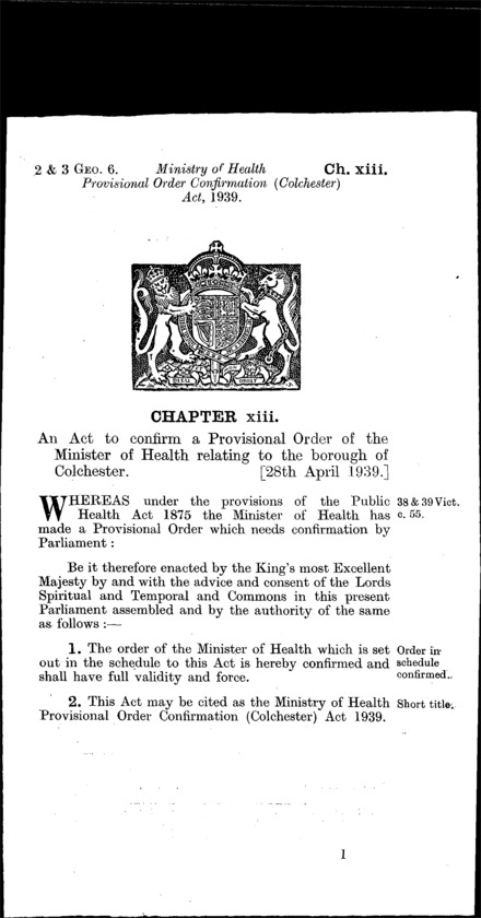 Ministry of Health Provisional Order Confirmation (Colchester) Act 1939