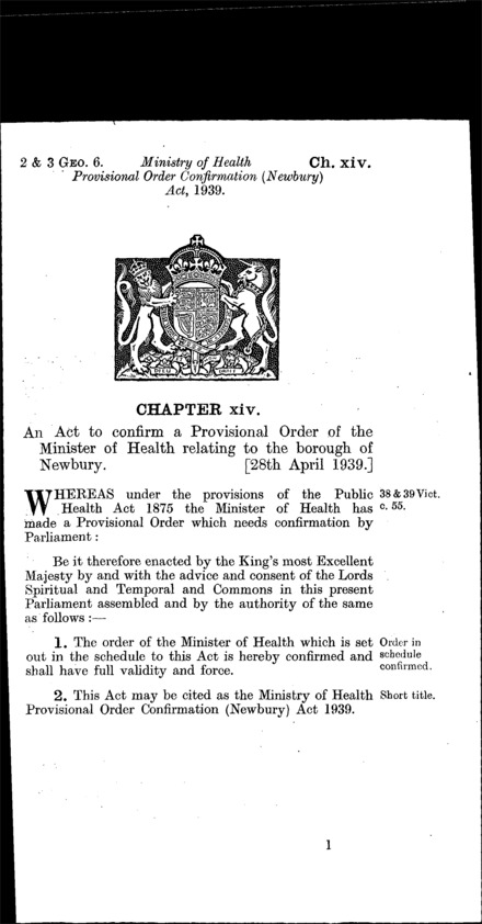 Ministry of Health Provisional Order Confirmation (Newbury) Act 1939