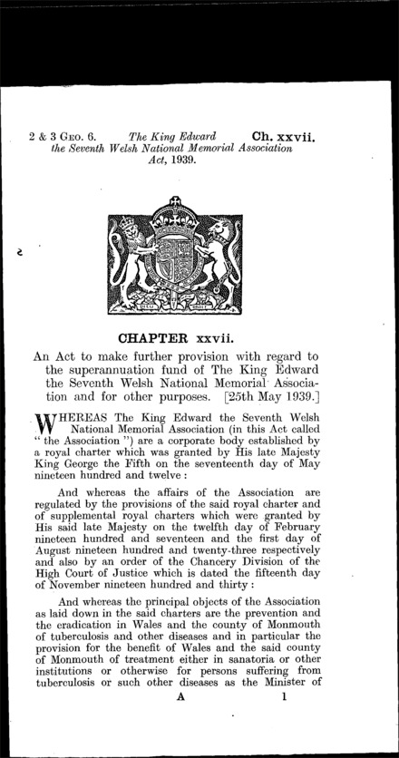 King Edward the Seventh Welsh National Memorial Association Act 1939