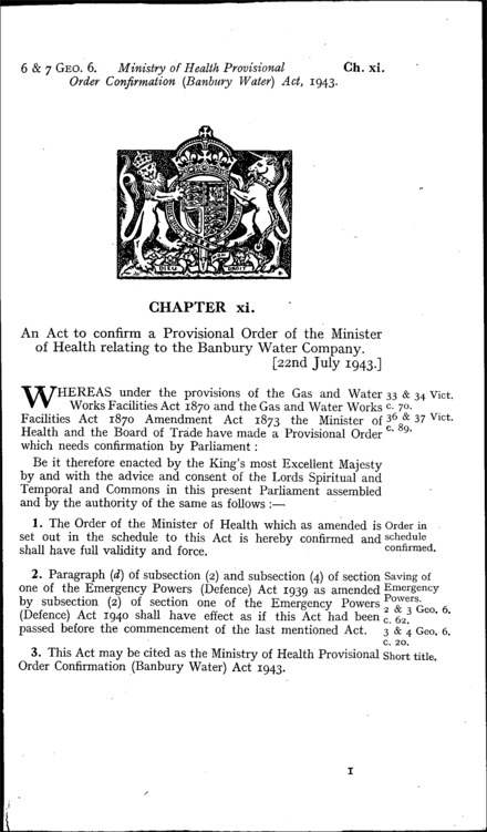 Ministry of Health Provisional Order Confirmation (Banbury Water) Act 1943