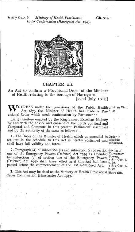 Ministry of Health Provisional Order Confirmation (Harrogate) Act 1943