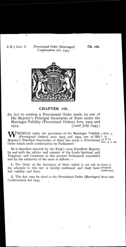 Provisional Order (Marriages) Confirmation Act 1943