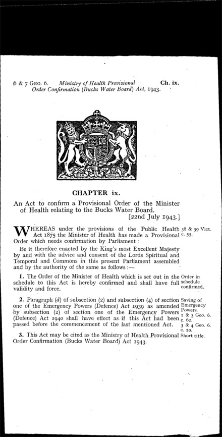 Ministry of Health Provisional Order Confirmation (Bucks Water Board) Act 1943