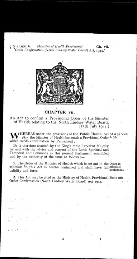 Ministry of Health Provisional Order Confirmation (North Lindsey Water Board) Act 1944