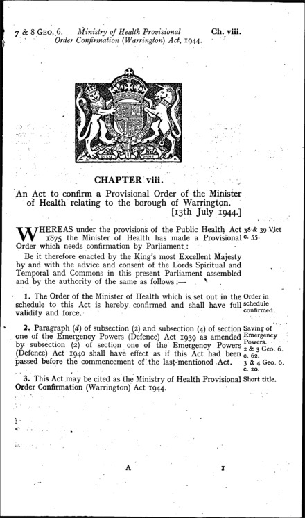 Ministry of Health Provisional Order Confirmation (Warrington) Act 1944