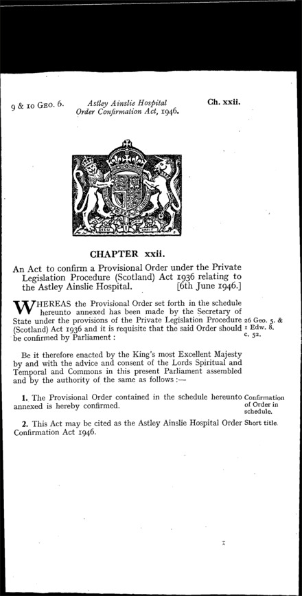 Astley Ainslie Hospital Order Confirmation Act 1946