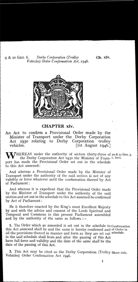 Derby Corporation (Trolley Vehicles) Order Confirmation Act 1946