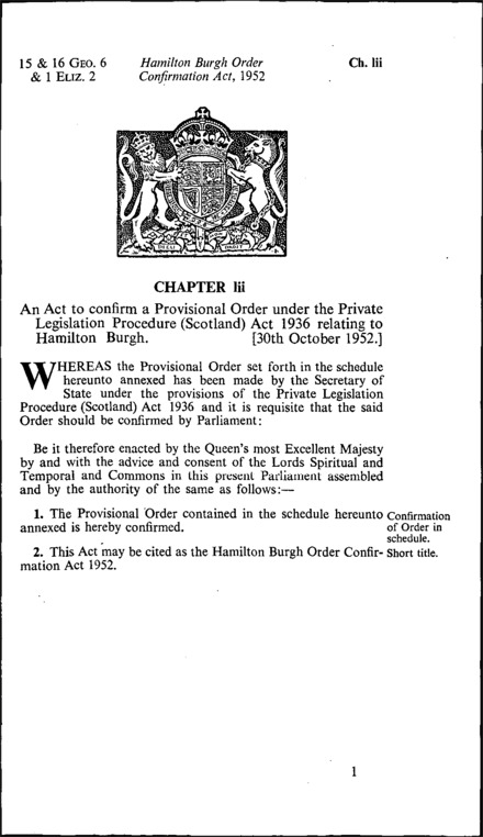 Hamilton Burgh Order Confirmation Act 1952