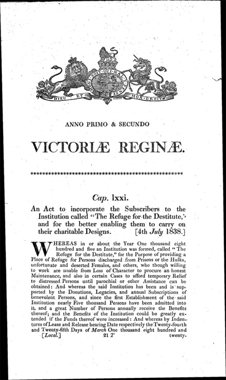 Refuge for the Destitute Act 1838
