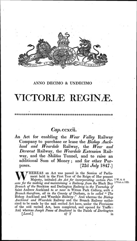 Wear Valley Railway Act 1847