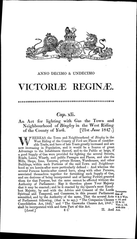 Bingley Gas Act 1847