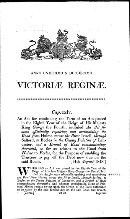 Hulme and Eccles Turnpike Road Act 1848