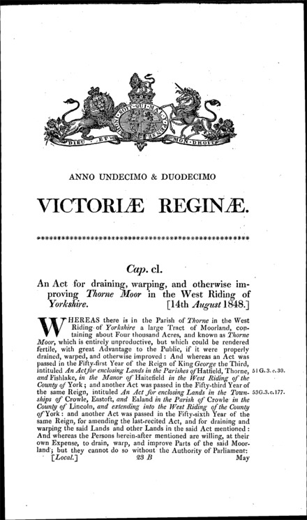 Thorne Moor Drainage and Improvement Act 1848