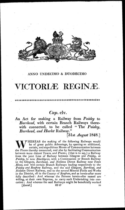 Paisley, Barrhead and Hurlet Railway Act 1848