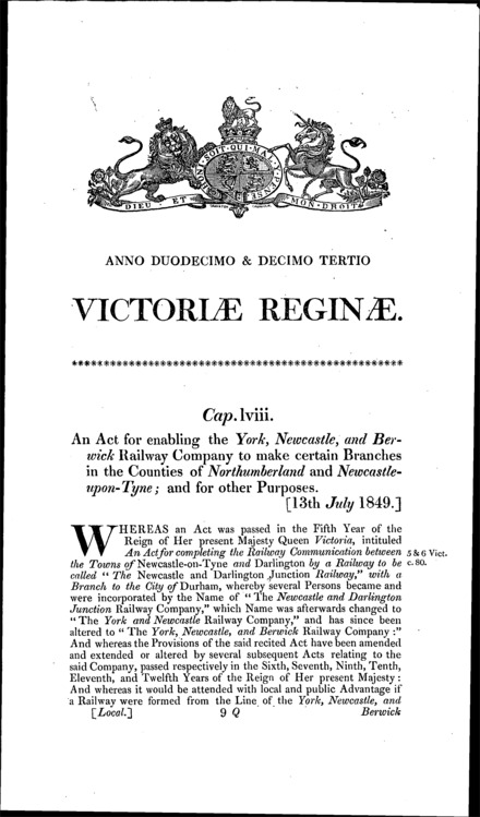 York, Newcastle and Berwick Railway Act 1849