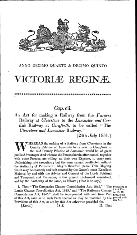 Ulverstone and Lancaster Railway Act 1851