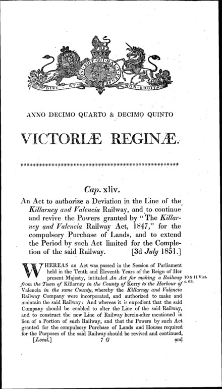 Killarney and Valencia Railway Act 1851