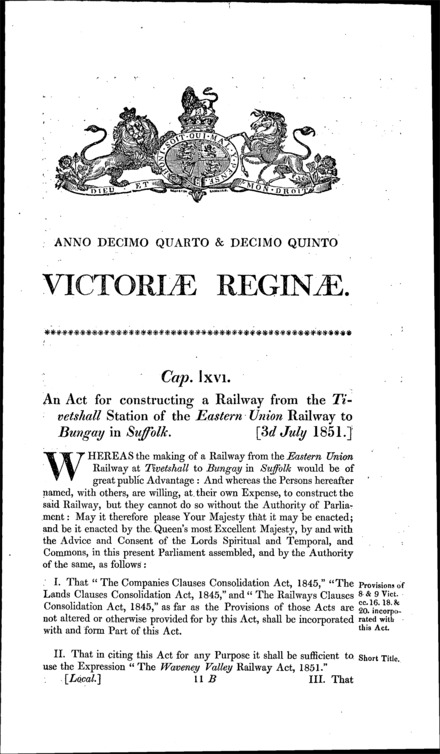 Waveney Valley Railway Act 1851