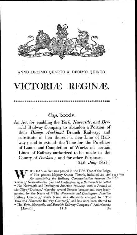 York, Newcastle and Berwick Railway (Auckland Branch) Act 1851
