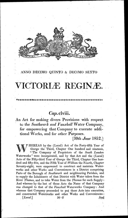 Southwark and Vauxhall Water Act 1852
