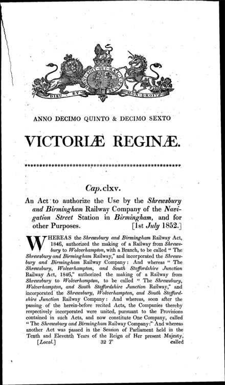 Shrewsbury and Birmingham Railway Amendment Act 1852