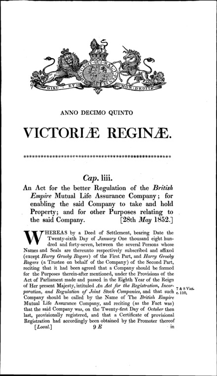 British Empire Mutual Life Assurance Act 1852
