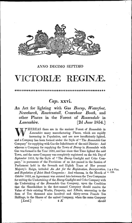 Rossendale Union Gas Company's Act 1854