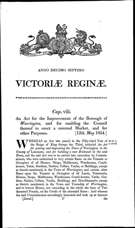 Warrington Improvement and Market Act 1854