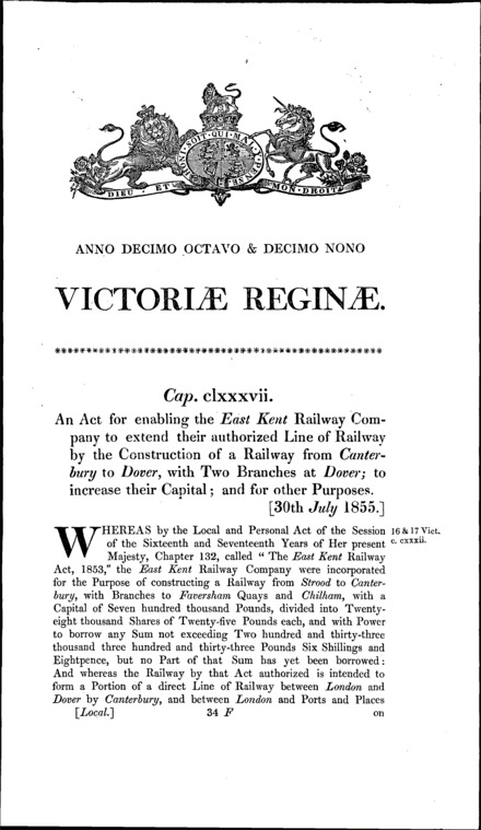 East Kent Railway (Extension to Dover) Act 1855