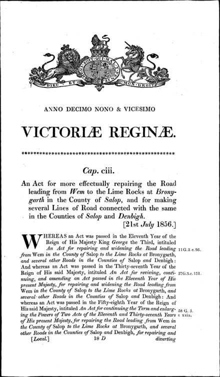 Wem and Bronygarth Roads Act 1856