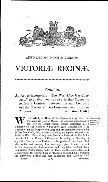 West Ham Gas Company Act 1856