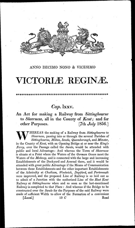 Sittingbourne and Sheerness Railway Act 1856