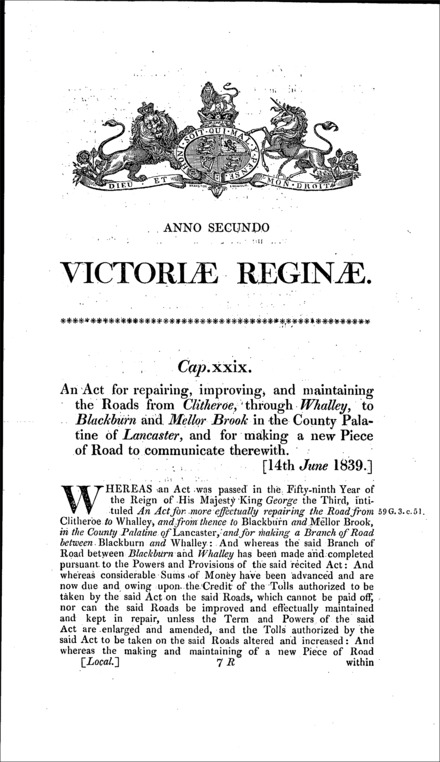 Clitheroe, Blackburn and Mellor Brook Roads Act 1839