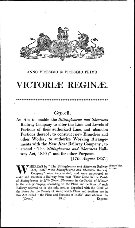 Sittingbourne and Sheerness Railway Act 1857