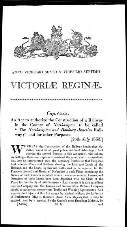 Northampton and Banbury Junction Railway Act 1863