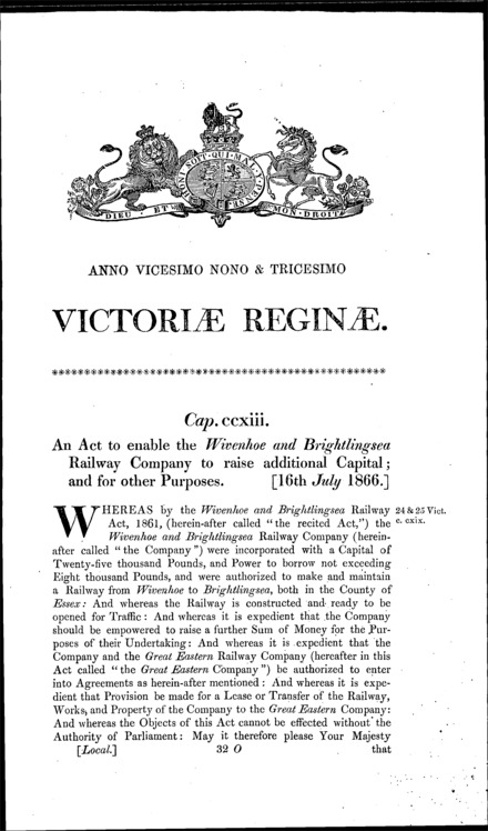 Wivenhoe and Brightlingsea Railway (Capital) Act 1866