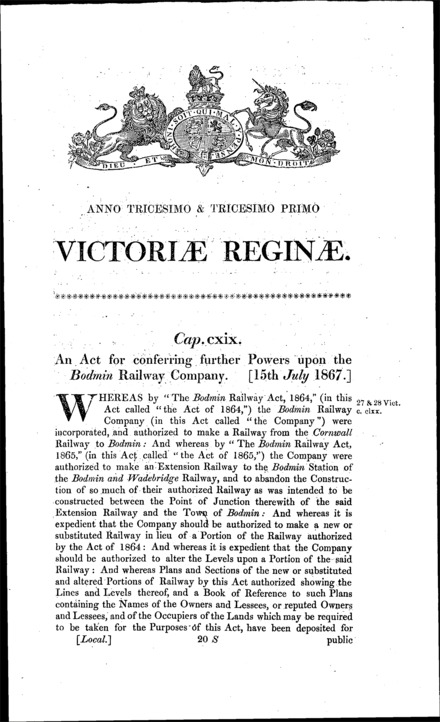 Bodmin Railway Act 1867