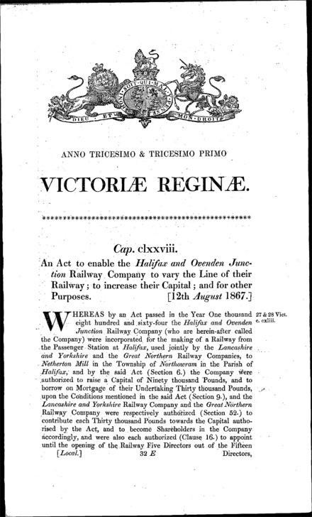 Halifax and Ovenden Railway Act 1867