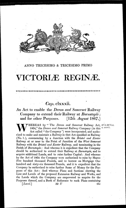 Devon and Somerset Railway (Extension) Act 1867