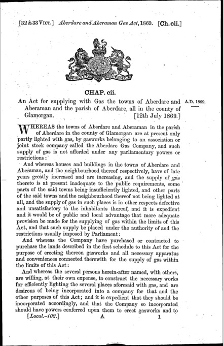 Aberdare and Aberaman Gas Act 1869