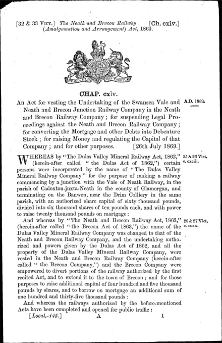 Neath and Brecon Railway (Amalgamation and Arrangement) Act 1869