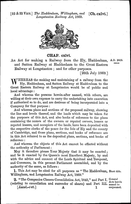 Haddenham, Willingham and Longstanton Railway Act 1869