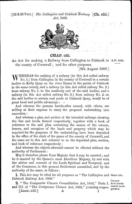 Callington and Calstock Railway Act 1869